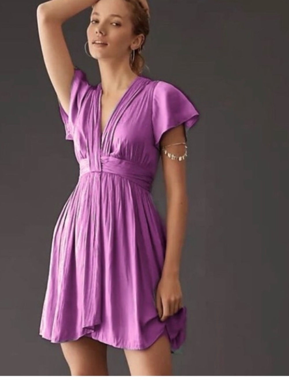 Anthropologie Purple V-Neck Flutter Sleeve Mini Dress